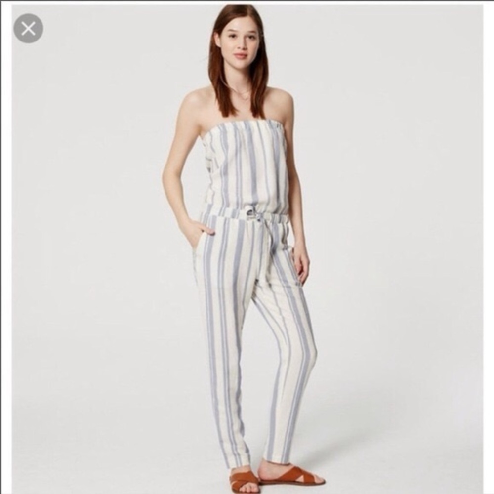 Loft white and blue striped strapless jumpsuit/romper